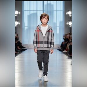 NWT - Burberry Check Knit Zip-Up Hoodie